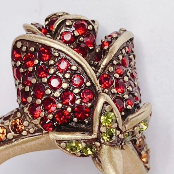 VTG Signed Heidi Daus Red Rose Crystal Gold Tone Elegant Cocktail Ring Romantic - Picture 3 of 13